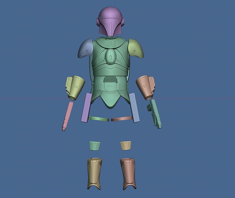 K&ouml;nnte beinhalten: Ein 3D-gedrucktes Modell eines Mandalorianer-R&uuml;stungssets, zerlegt in Einzelteile. Die R&uuml;stung besteht aus hellgrauem Kunststoff und umfasst einen Helm, einen Brustpanzer, Schulterpolster, Handschuhe, Beinschienen und einen Blaster.