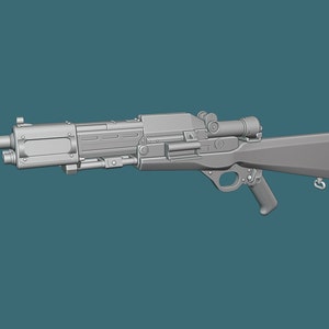 May include: A grey, detailed, futuristic-style rifle with a scope and a carrying strap. The rifle has a long barrel and a pistol grip.