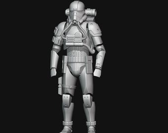 May include: A gray, full-body Stormtrooper armor suit with a helmet, respirator, and backpack. The armor has detailed panels and joints, with a utility belt and boots. The background is solid black.