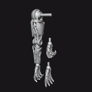 May include: A grey mechanical arm with articulated joints and a hand, plus two detached hands. The arm features a cylindrical shoulder joint, a segmented forearm, and a detailed hand with individual fingers. The design suggests a robotic or steampunk aesthetic.