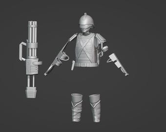 May include: A grey 3D-printed model of a futuristic soldier, in pieces. The model includes a helmet, chest armour, two pistols, a large machine gun, and two leg pieces. The parts are set against a dark grey background.