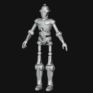 May include: A 3D-rendered, silver-colored robot with a helmet-like head, detailed mechanical joints, and a humanoid form. The robot has a symmetrical design with articulated arms and legs, standing against a black background.