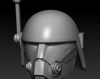May include: A gray 3D model of a helmet with a raised antenna on top. The helmet has a visor and a detailed design.