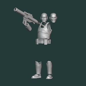 May include: A gray plastic action figure of a soldier holding a large gun. The figure has a removable head and legs.