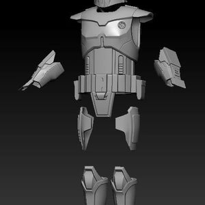 May include: A 3D model of a gray and white Mandalorian armor set. The armor is divided into separate pieces, including the helmet, chest plate, shoulder pads, gauntlets, and leg armor.