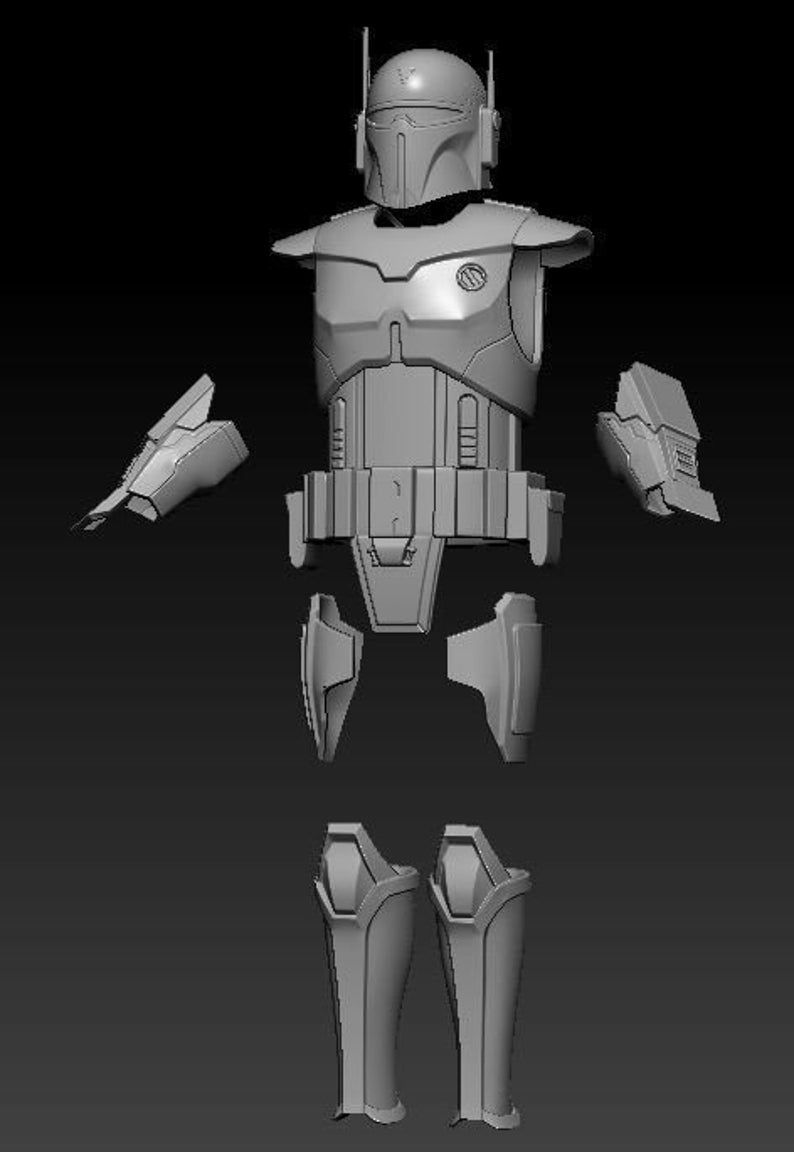 May include: A 3D model of a gray and white Mandalorian armor set. The armor is divided into separate pieces, including the helmet, chest plate, shoulder pads, gauntlets, and leg armor.