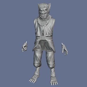 May include: A gray 3D printed model of a werewolf with a human-like torso and legs, but with a wolf's head and paws. The model is posed standing with its arms outstretched.
