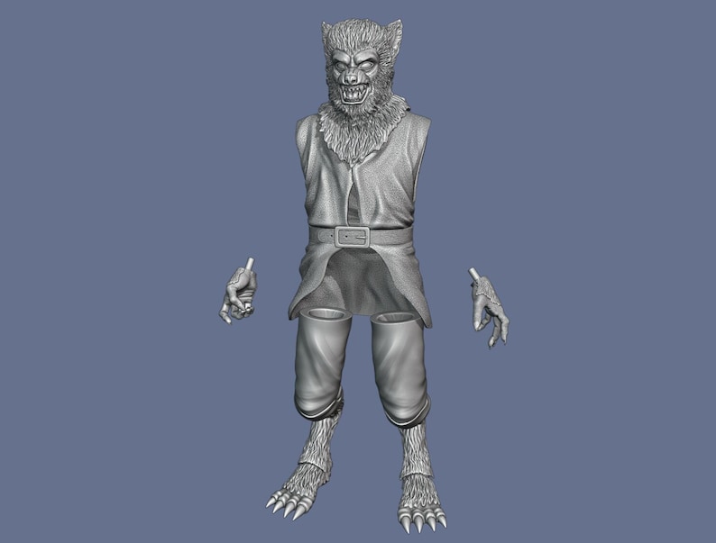 May include: A gray 3D printed model of a werewolf with a human-like torso and legs, but with a wolf's head and paws. The model is posed standing with its arms outstretched.