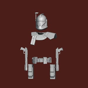 Op de afbeelding: Een zilverkleurige Mandalorian-pantser set, inclusief helm, schouderpantser, riem, twee blasters en beenpantser. De stukken zijn gerangschikt tegen een donkerroodbruine achtergrond, die de details van het sciencefictionkostuum laat zien.