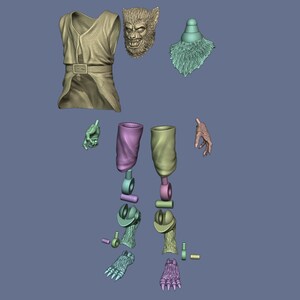 May include: A 3D printed model of a werewolf, disassembled into its individual parts. The model is made of a light gray plastic and is ready to be assembled. The parts include the head, torso, arms, legs, and feet.