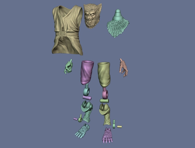 May include: A 3D printed model of a werewolf, disassembled into its individual parts. The model is made of a light gray plastic and is ready to be assembled. The parts include the head, torso, arms, legs, and feet.