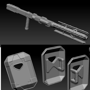 K&ouml;nnte beinhalten: Eine graue, futuristisch aussehende Waffe mit langem Lauf und Griff. Darunter drei graue Schilde mit Griffen. Die Objekte scheinen 3D-Modelle zu sein, m&ouml;glicherweise f&uuml;r ein Videospiel oder ein Science-Fiction-Projekt.