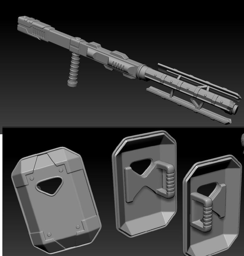 K&ouml;nnte beinhalten: Eine graue, futuristisch aussehende Waffe mit langem Lauf und Griff. Darunter drei graue Schilde mit Griffen. Die Objekte scheinen 3D-Modelle zu sein, m&ouml;glicherweise f&uuml;r ein Videospiel oder ein Science-Fiction-Projekt.