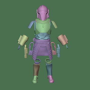 May include: A 3D printed model of a Mandalorian character from the Star Wars universe. The model is disassembled into individual pieces, including the helmet, armor, and weapons. The model is printed in a light gray color.