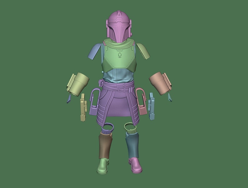 May include: A 3D printed model of a Mandalorian character from the Star Wars universe. The model is disassembled into individual pieces, including the helmet, armor, and weapons. The model is printed in a light gray color.