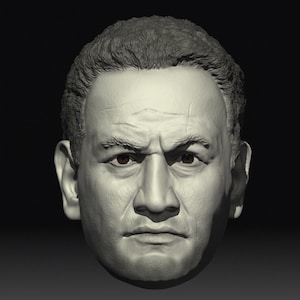 Puede incluir: Un modelo 3D detallado en escala de grises de la cara de un hombre. El modelo muestra rasgos realistas, incluyendo arrugas y barba.