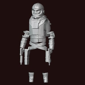 Peut inclure: Combinaison spatiale grise futuriste avec casque, armure de poitrine et revêtements pour les bras et les jambes. La combinaison présente un design détaillé avec plusieurs panneaux, sangles et deux blasters attachés à la taille.