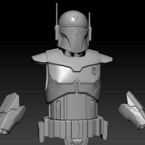 May include: A 3D printed model of a Mandalorian helmet and armor, with a V-shaped symbol on the helmet. The armor is gray and has a detailed design.