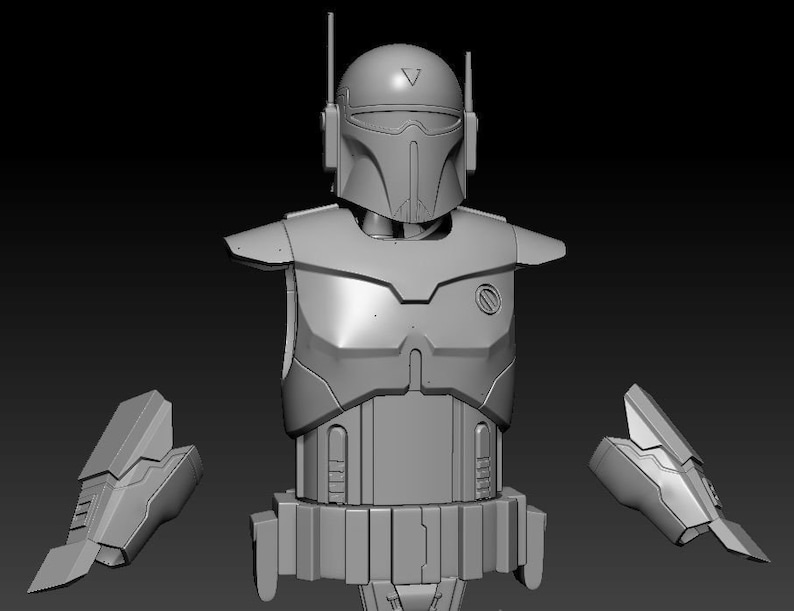 May include: A 3D printed model of a Mandalorian helmet and armor, with a V-shaped symbol on the helmet. The armor is gray and has a detailed design.