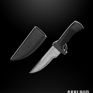 Könnte beinhalten: Ein schwarzes und silbernes Dolch mit einer schwarzen Scheide. Der Dolch hat einen strukturierten Griff und eine scharfe Klinge. Der Text "HAVOC TROOPER DAGGER 1:1:2. PROPS SCALE STL READY" ist unter dem Bild gedruckt.