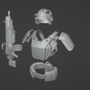 Könnte beinhalten: Ein graues, 3D-gerendertes Set aus futuristischer Rüstung und Waffen. Das Set beinhaltet einen Helm, eine Brustpanzerung, Schulterpolster, einen Gürtel mit Taschen und ein großes Maschinengewehr mit Trommelmagazin. Die Teile sind wie zerlegt angeordnet.
