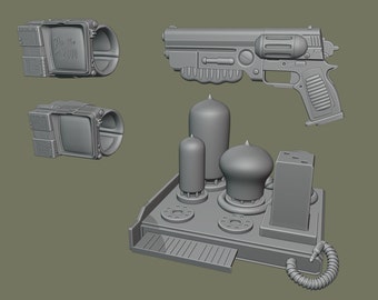 1:12 scale Gear Pack Pip Boy, Blaster and Water Chip 3D printed figure kit