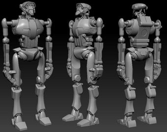 May include: A 3D model of a robot with a gray, metallic body and articulated limbs. The robot is posed in three different views, showing its front, side, and back.