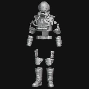 May include: A gray, disassembled space suit, including a helmet with a respirator, chest armor, arm and leg pieces, gloves, and boots. The suit is designed with intricate details and appears to be a 3D model.