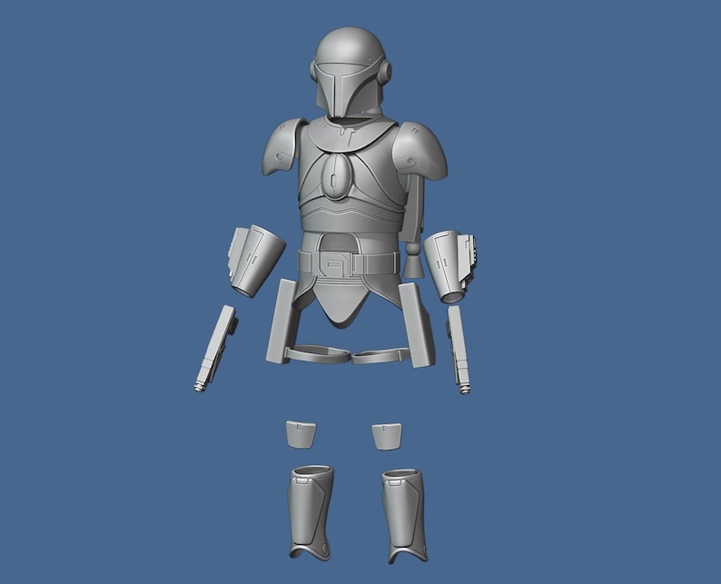 K&ouml;nnte beinhalten: Eine zerlegte graue Plastik-Actionfigur eines Mandalorianer-Kriegers. Die Figur besteht aus mehreren Teilen, darunter Helm, Torso, Arme, Beine und Waffen.