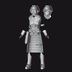 Könnte beinhalten: Detailliertes 3D-Modell eines futuristischen Kriegers in Silbergrau. Die Figur ist segmentiert und zeigt einen Helm, eine Gesichtsbedeckung, eine Brustpanzerung, eine rockartige Unterkörperpanzerung, Armschützer und Stiefel. Das Design deutet auf Science-Fiction oder Fantasy hin.
