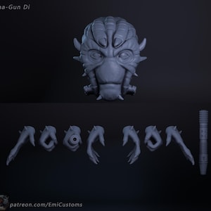 May include: A 3D printed model of a fictional alien creature's head with a long snout and large eyes. The model is gray and has a textured surface. The creature's hands are also shown in the image, along with a long, thin object that may be a weapon.