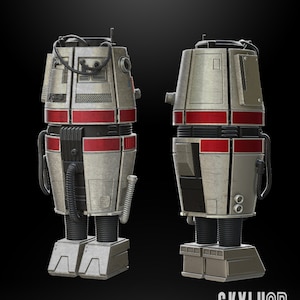 Könnte beinhalten: Ein 3D-gedrucktes Modell eines DD-BD-Droiden, eines Roboters aus dem Star Wars-Universum, in Silber und Rot. Das Modell ist im Maßstab 1:12 und STL-ready.