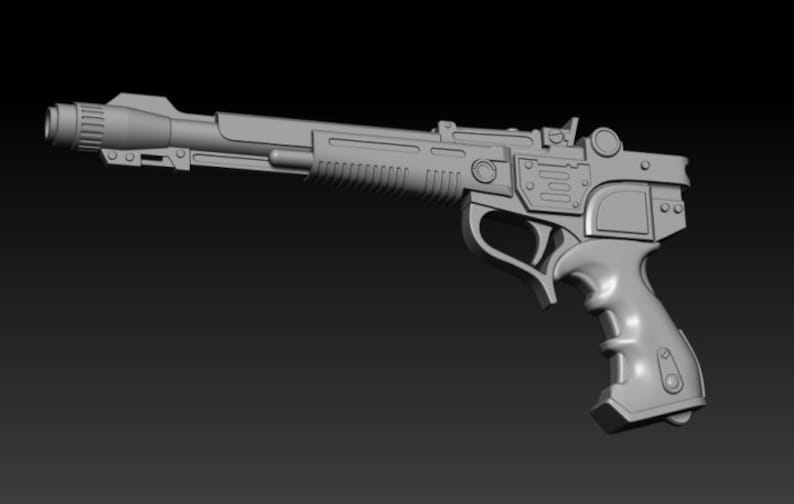 K&ouml;nnte beinhalten: Graue, futuristisch aussehende Blasterpistole mit langem Lauf, geripptem Handschutz und detailliertem Griff. Das Design weist verschiedene mechanische Komponenten und ein zylindrisches Vorderteil auf.