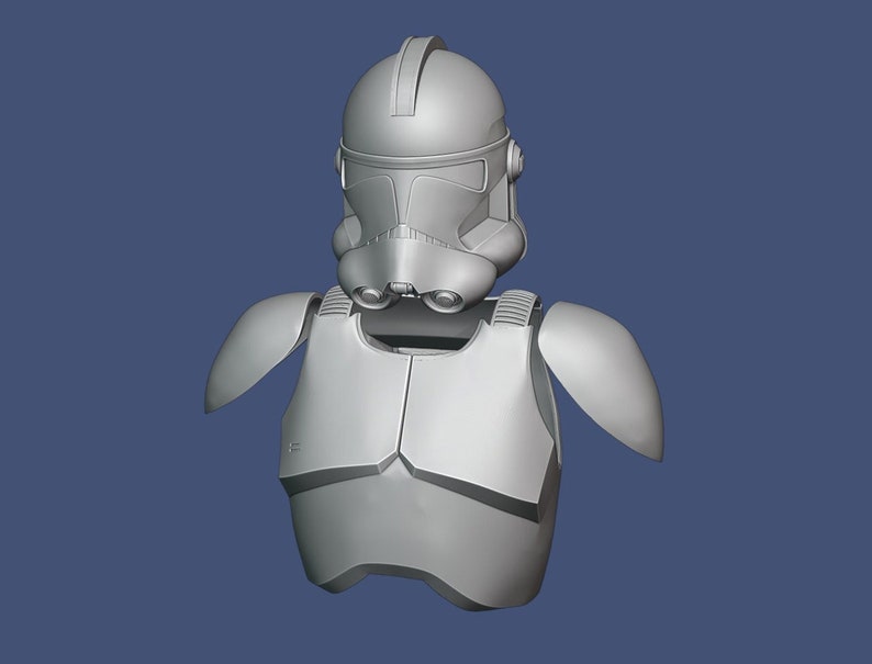 May include: A gray, three-dimensional model of a Clone Trooper helmet and chest armor. The helmet features a distinctive visor and ventilation details. The chest armor includes shoulder pauldrons and a detailed front plate, all rendered in a neutral gray color.
