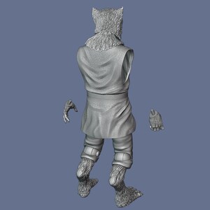 May include: A gray 3D printed model of a werewolf standing on a blue background. The werewolf is wearing a hooded cloak and has a furry tail.