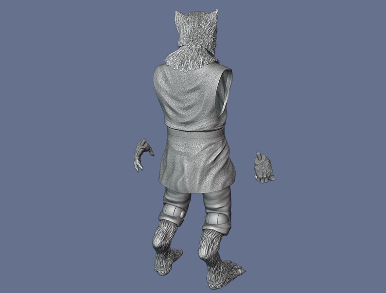 May include: A gray 3D printed model of a werewolf standing on a blue background. The werewolf is wearing a hooded cloak and has a furry tail.