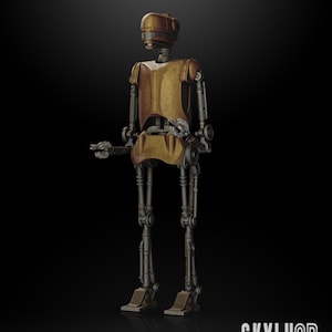 May include: A 3D printed model of the EV-9D9 droid from Star Wars. The droid is posed standing with its arms at its sides. The model is printed in a gold and silver color scheme. The model is 1:12 scale and is ready for articulation. The model is designed by SKYLU3D.