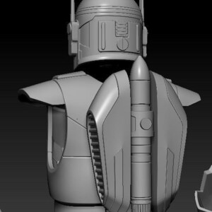 May include: A gray 3D model of a robot with a rocket pack on its back. The robot is wearing a helmet with a visor. The model is detailed and realistic.