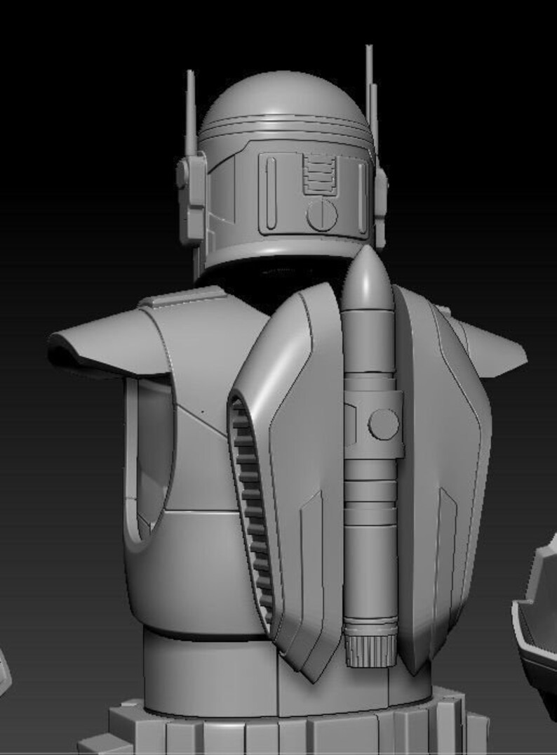 May include: A gray 3D model of a robot with a rocket pack on its back. The robot is wearing a helmet with a visor. The model is detailed and realistic.