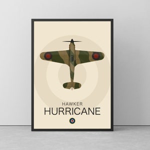 May include: A vintage poster featuring a top-down view of a Hawker Hurricane fighter plane in camouflage colours. The plane is flying against a white background with a red and white target circle. The text "Hawker Hurricane" is printed below the plane.