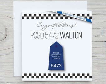 Carte personnalisée de félicitations PCSO pour agent de soutien communautaire de la police britannique avec numéro de collier. La carte d'évanouissement ou de retraite parfaite !