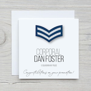 Cartão de promoção personalizado da Royal Air Force para todas as patentes de suboficiais da RAF - Classe de especialista aéreo 1 e 2, cabo, sargento, sargento de voo