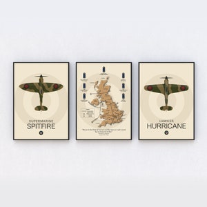 RAF Battle of Britain poster/print trio - Spitfire, Hurricane en kaart van RAF Fighter Command in WW2