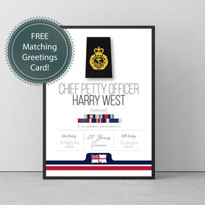 Gepersonaliseerde Royal Navy rating pensioen cadeau print met medailles en servicenummer.
