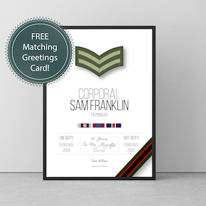 Gepersonaliseerde Britse leger onderofficier promotie-/pensioencadeauprint met rang, medailles en servicenummer (niet ingelijst)