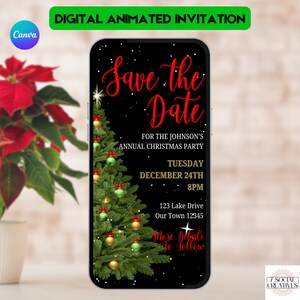 Christmas Party Save the Date Invitation. Digital Animated Elegant Xmas Tree Black Theme Drinks or Dinner Invite. DIY Editable Template.