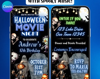 Boys Halloween Movie Night Birthday Invitation. Digital Kids Scary Horror Party Invite with Spooky Music. Blue Neon eVite. DIY Template.