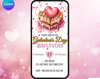 Galentine's Brunch Invitation. Digital Girls Valentines Day Party Invite. Waffle and Pink Ladies Friends Brunch eVite. DIY Editable Template