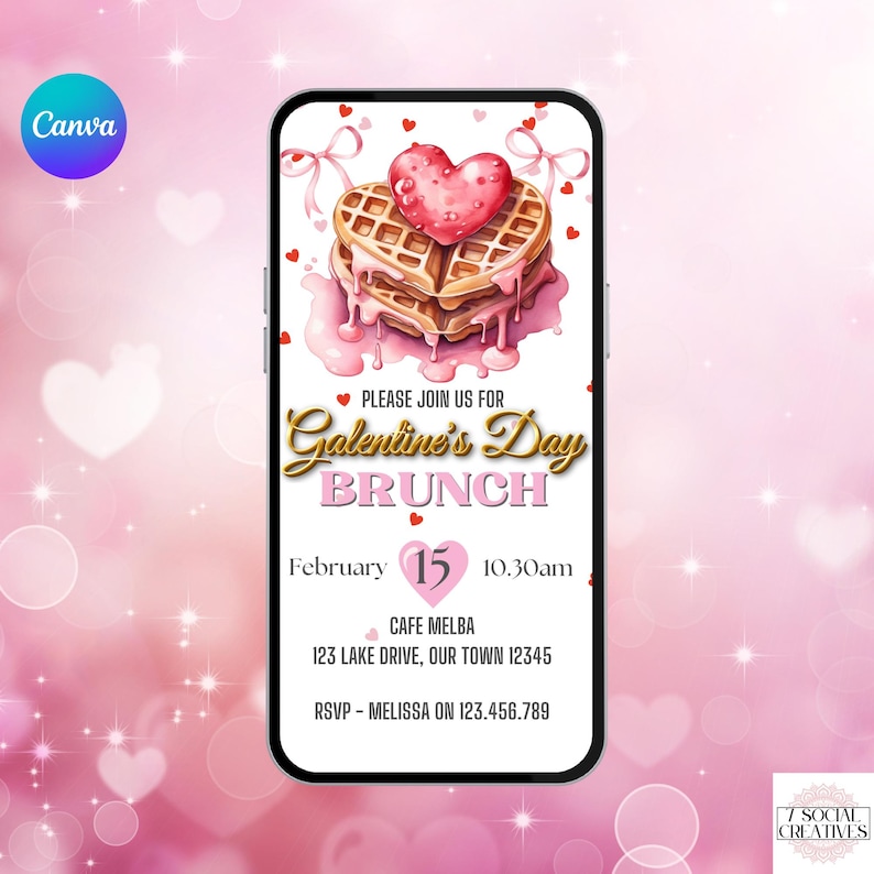Galentine's Brunch Invitation. Digital Girls Valentines Day Party Invite. Waffle and Pink Ladies Friends Brunch eVite. DIY Editable Template image 1