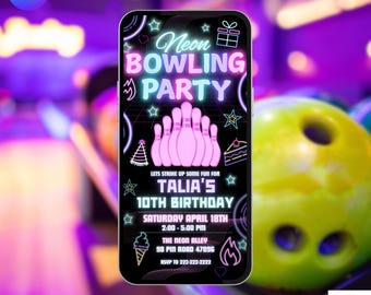 Uitnodiging voor neon bowlingfeest. Digitale geanimeerde roze gloed bowlinguitnodiging. Meisjes strikken voor een leuke verjaardag eVite. DIY bewerkbare sjabloon.